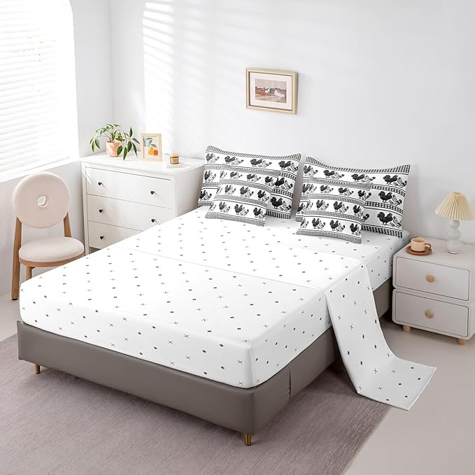 Erosebridal 7 Pcs Rooster Comforter Set Full Size,Farmhouse Animal Bed in a Bag with Flat Sheet and Fitted Sheet for Kids and Adults,Rustic Chick Family Bedding Set with Pillowcases and Cushion Cases