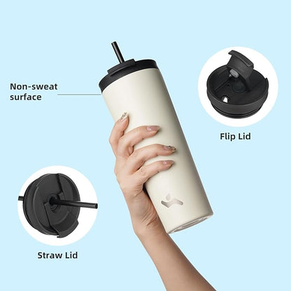 22 OZ Insulated Tumbler with Lid and 2 Straws Stainless Steel Water Bottle Vacuum Travel Mug Coffee Cup,Angel White