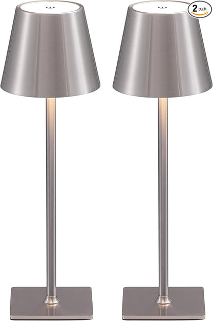 KDG 2 Pack Cordless Table Lamp,Portable LED Desk Lamp, 4000mAh Battery Operated, 3 Color Stepless Dimming Up, for Restaurant/Bedroom/Bars/Outdoor Party/Camping/Coffee Shop Night Light(Brushed Nickel)