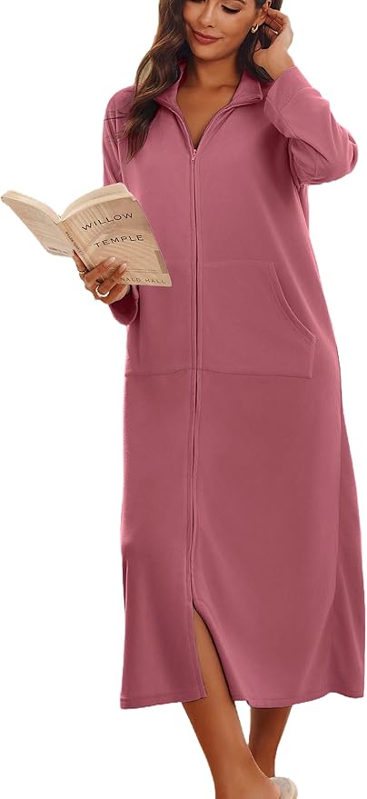 Ekouaer Women Zipper Robe Long Sleeves House Coat Soft Bathrobe Sleepwear with Pockets Housecoat Loungewear
