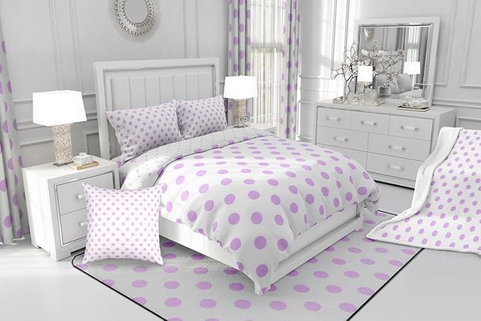 Manfei Purple Polka Dots Adults Comforter Set,Geometric Circles Purple White Simple Art Bedding Set All Season,French Style Dots Cartoon Cute Comforter 3 Pcs with 2 Pillowcases,King Size
