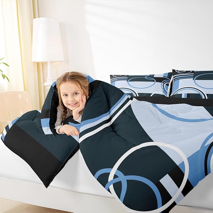 Retro Blue Grey Black Comforter Queen Abstract Stripes Circles Bedding Set for Kids Teens Adult Square Spiral Quilt Geometric Plaid Duvet Insert Graphic Artwork Quilted Comforter All Season
