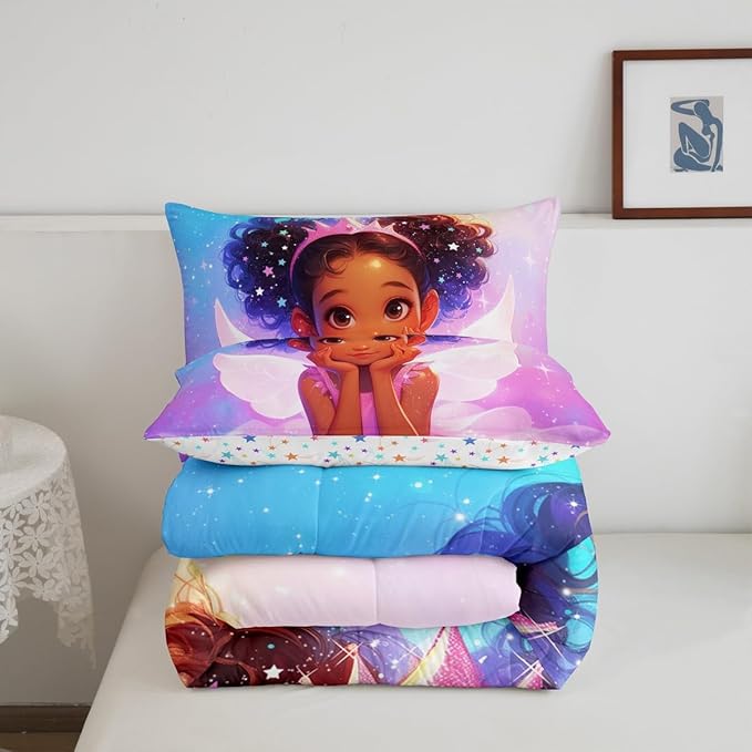 Manfei Black Little Girl Comforter Set King Size, Cute Girl Princess with Wings Down Comforter, Blue Purple Pink Galaxy Bedding Set for Kids Room Decor, Reversible Duvet Insert,2 Pillowcases