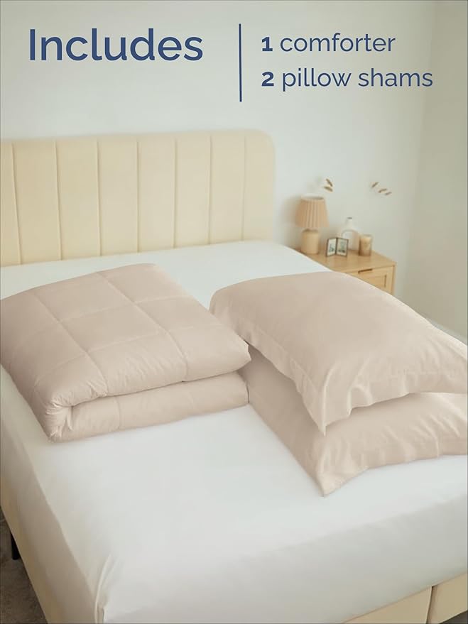 Full Comforter Set - 3 Piece Bed Set for All Seasons - 1 Soft Quilted Comforter with Corner Tabs & 2 Pillow Shams - Comfy, Cozy & Breathable - Premium Down Duvet Insert - Oeko-TEX - Full Size, Wheat
