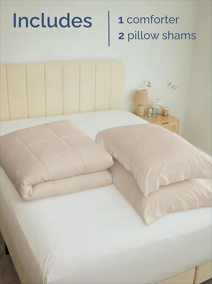 Queen Comforter Set - 3 Piece Bed Set for All Seasons - 1 Soft Quilted Comforter w/ Corner Tabs & 2 Pillow Shams - Comfy, Cozy & Breathable - Premium Down Duvet Insert - Oeko-TEX - Queen Size, Wheat