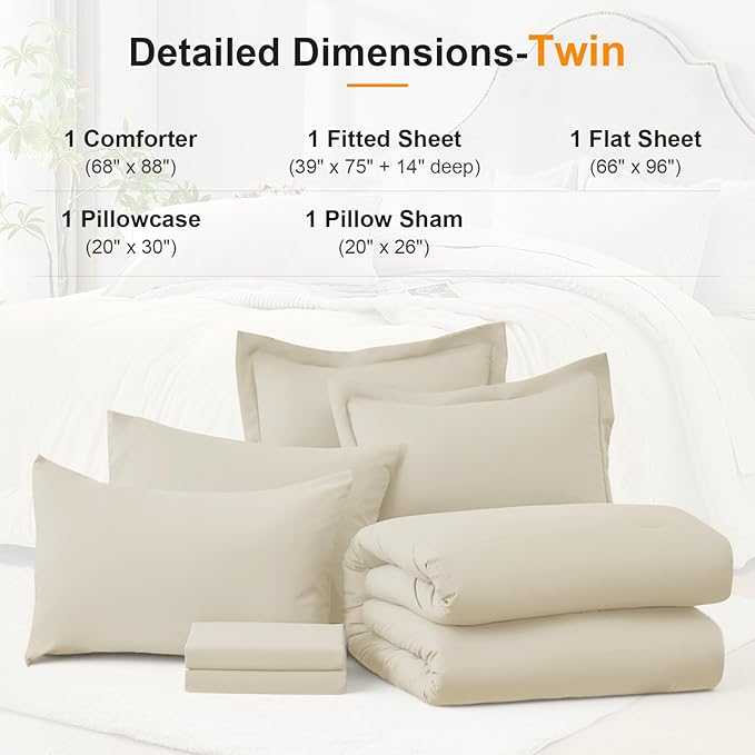 Twin Comforter Set 5 Piece - Soft Bed in a Bag Queen Size Comforter Sets, Cozy Luxury Bedding Sets with All Season Comforter, Flat Sheet, Fitted Sheet,Pillowcases & Shams, Beige