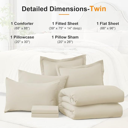 Twin Comforter Set 5 Piece - Soft Bed in a Bag Queen Size Comforter Sets, Cozy Luxury Bedding Sets with All Season Comforter, Flat Sheet, Fitted Sheet,Pillowcases & Shams, Beige
