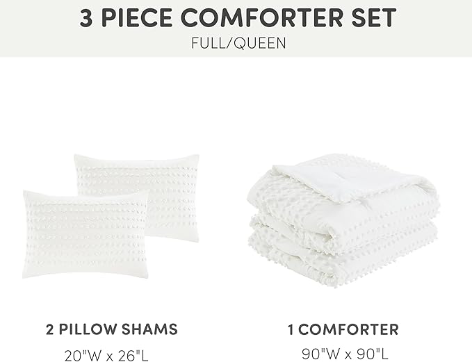 Comfort Spaces Cotton Comforter Set Jacquard Pom-Pom Tufts Design, Down Alternative, All Season Modern Bedding, Matching Shams, Full/Queen, Phillips, Ivory
