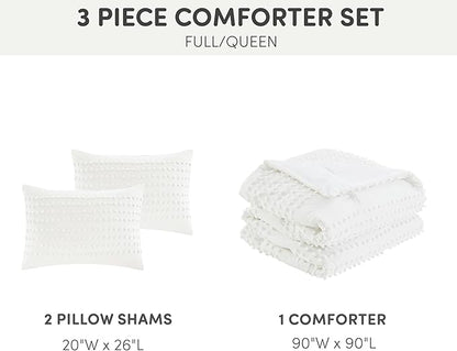 Comfort Spaces Cotton Comforter Set Jacquard Pom-Pom Tufts Design, Down Alternative, All Season Modern Bedding, Matching Shams, Full/Queen, Phillips, Ivory