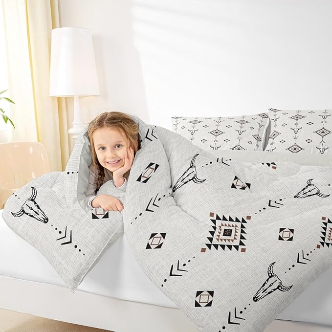 Erosebridal Western Aztec Comforter Set Twin Size, Boho Farmhouse Bedding Set for Kids Boys Teens Ethnic Southwest Bull Skull Cow Quilt American Native Southwestern Duvet Insert Bedroom Decor