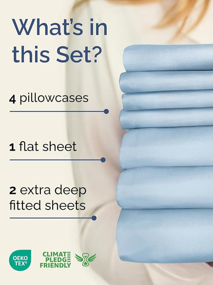 Extra Deep Split King Sheet Set - 7 Piece Breathable and Cooling Sheets - Hotel Luxury Bedding for Women, Men, Kids & Teens - Easy & Secure Fit - Soft and Wrinkle Free - Extra Deep Pockets - Sky Blue