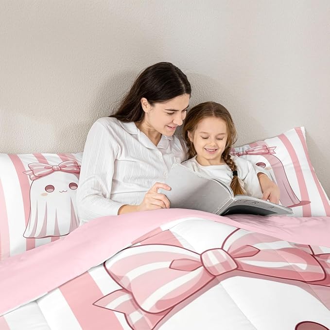 Erosebridal Girls Halloween Decorations Full Size Bedding Set, Pink Ghost Comforter Set for Kids Teens Youth Adults, Pink Bow Comforter Abstract Stripes Holloween Bedding with 2 Pillowcases