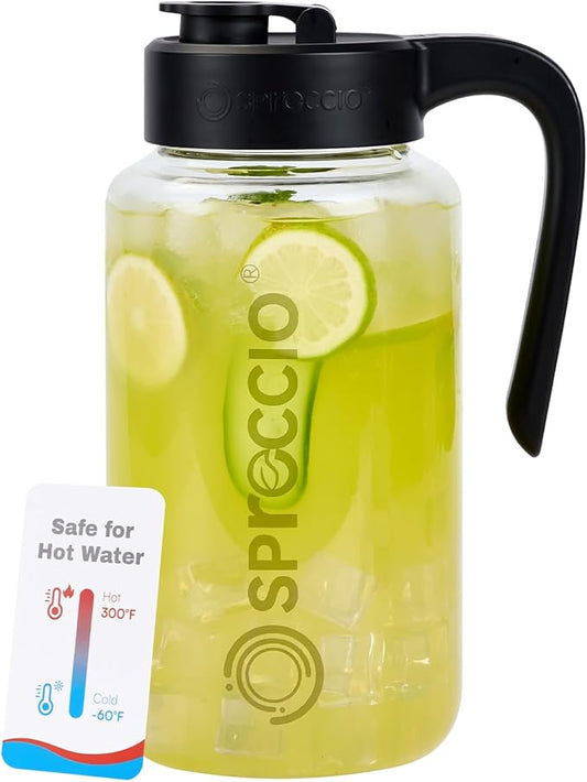 Borosilicate Glass Pitcher with Lid, 64 oz Mason Jar Pitcher Pour Spout Lid Airtight Leak-proof, Sun Tea Glass Jar for Outside, Breastmilk, Cold Brew, Coffee and Iced Tea