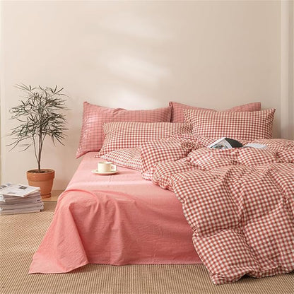 mixinni Orange Gingham Comforter Set Twin XL, Plaid Comforter Set 3 Pieces 1 Orange Grid Comfoter with 2 Pillow Cases for All Seasons, Soft Fluffy Modern Grid Pattern Printed Bedding-Twin XL Size