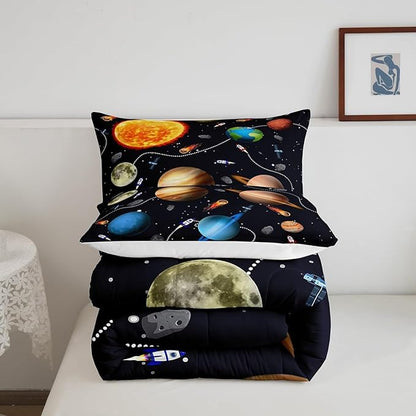 Erosebridal Solar System Comforter Set Queen,Astronomy Planets Bedding Set All Season for Kids Boys Girls,Outer Space Theme Down Comforter Warm,Rocket Starry Sky Quilted Duvet with 2 Pillowcases