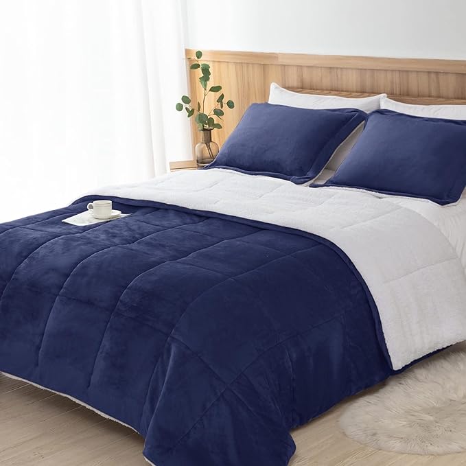 Seward Park Navy Blue Sherpa Comforter Set Twin XL Size, All Season Soft Warm Fleece Fall Blanket, Winter College Dorm Bedding Sets with 1 Pillow Sham