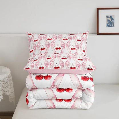 Erosebridal Cute Bow Bedding Set,Red Cherry Down Comforter for Girls Kids Teen Room Decor,Geometric Bowknot Queen Comforter Set Soft Lightweight Duvet Set