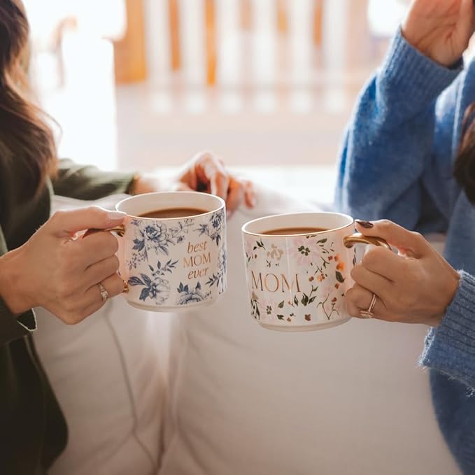 Sweet Water Decor Best Mom Ever Coffee Mug, Vintage Blue Delft Floral Design with Gold Handle & Rim, 14oz Fine Bone China Tea Cup, Cute Gifts for Mother's Day, Baby Shower, Christmas & Mom's Birthday