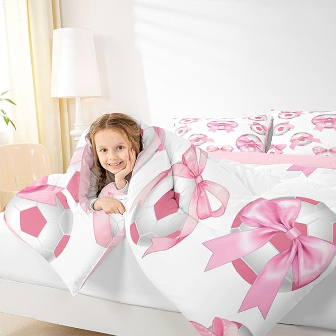 Bowknot Soccer Comforter Set Queen Size,Pink Bow Knot Print Bedding Sets 3Pcs for Kids Girls Women Room Decor,Ball Sport Games Theme Quilted Duvet Cute Cartoon Girly Down Comforter,2 Pillowcases