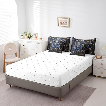 Erosebridal Gold Blue Rose Comforter Set King 7 Piece,Romantic Rose Floral Bedding Set for Girls Women Bedroom Decor,Rustic Flowers Bed in a Bag with Fitted Sheet,Flat Sheet,Pillowcases & Shams