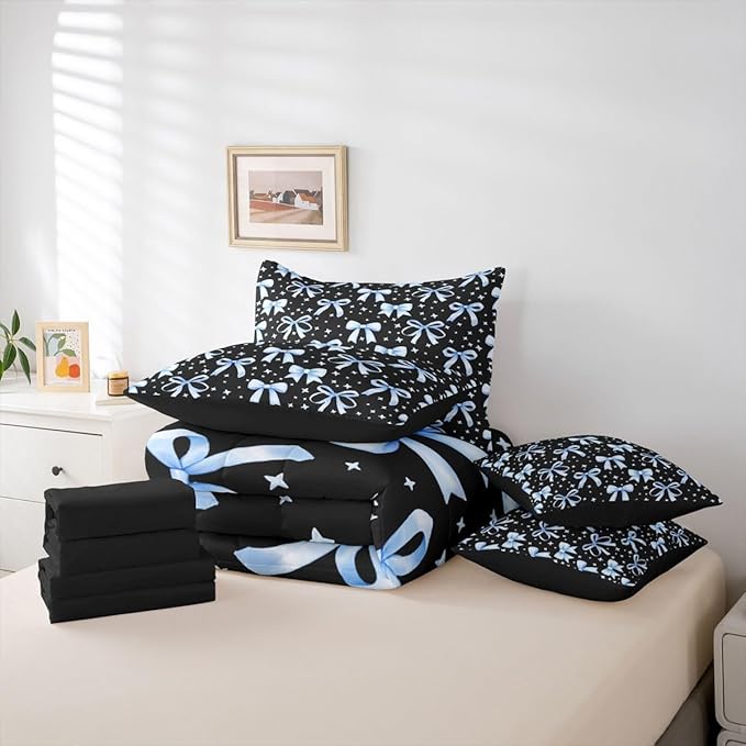 Erosebridal Kids Girls Bowknot Bow Black Blue Y2K King 7-Piece Comforter Set | Kawaii Cute Sheets and Pillowcases Starry Dreamy Bed in A Bag Princess Bed Sets