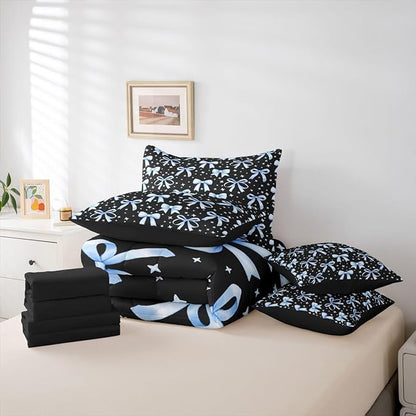 Erosebridal Kids Girls Bowknot Bow Black Blue Y2K King 7-Piece Comforter Set | Kawaii Cute Sheets and Pillowcases Starry Dreamy Bed in A Bag Princess Bed Sets