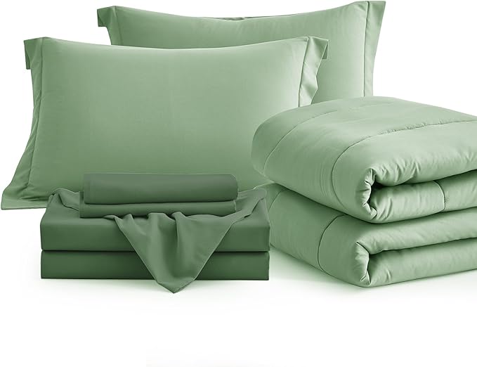 Maple&Stone Full Size Comforter Set 7 Pieces Bed in a Bag - Down Alternative Bed Set with Sheets, Pillowcases & Shams, Soft Reversible Duvet Insert,Sage Green
