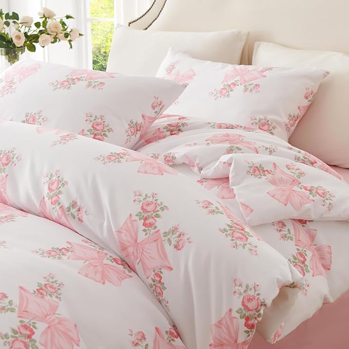Pink Bow Comforter Set Twin 2Pcs Pink Floral Bedding Set for Girls Cute Romantic Princess Style Bowknot Bedding Ultra Soft Microfiber Garden Flower Comforter Sets with 1 Pillowcase