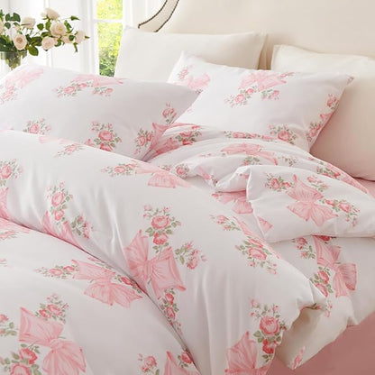 Pink Bow Comforter Set Full 3Pcs Pink Floral Bedding Set for Girls Cute Romantic Princess Style Bowknot Bedding Ultra Soft Microfiber Garden Flower Comforter Sets with 2 Pillowcases