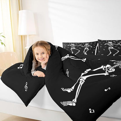 Erosebridal Halloween Skull Dancing Twin Bedding Set, Gothic Skull Singing Comforter Set, Skeleton Music Note Comforter, Musical Notes Quilt for Kids Boys Men Goth Room Decor, 2 Piece