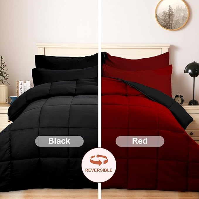 COZYART King Comforter Set 7 Pcs, Black and Red Bed in a Bag, All Season Lightweight Soft Reversible Bedding Sets, 1 Comforter, 1 Flat Sheet, 1 Fitted Sheet, 2 Pillow Shams, 2 Pillowcases