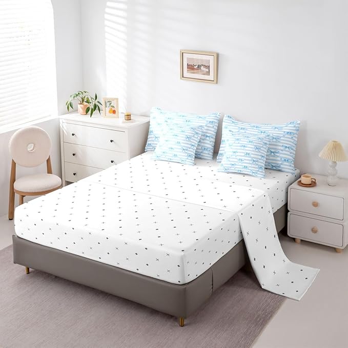 Erosebridal Bowknot Girls White Blue Kawaii 7 Piece Bedding Set Twin | Cute Bow Comforter Set with Sheets Geometric Bed in A Bag Stripe Bed Sets