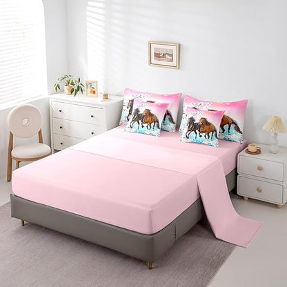 Feelyou Girls Horse Comforter Set Queen Size 7 Pcs West Horses Comforter Bed in a Bag Pink Cherry Blossom Bedding Set for Women Teens Farmhouse Western Bed Set with Sheets, Pillowcases, Pillow Covers