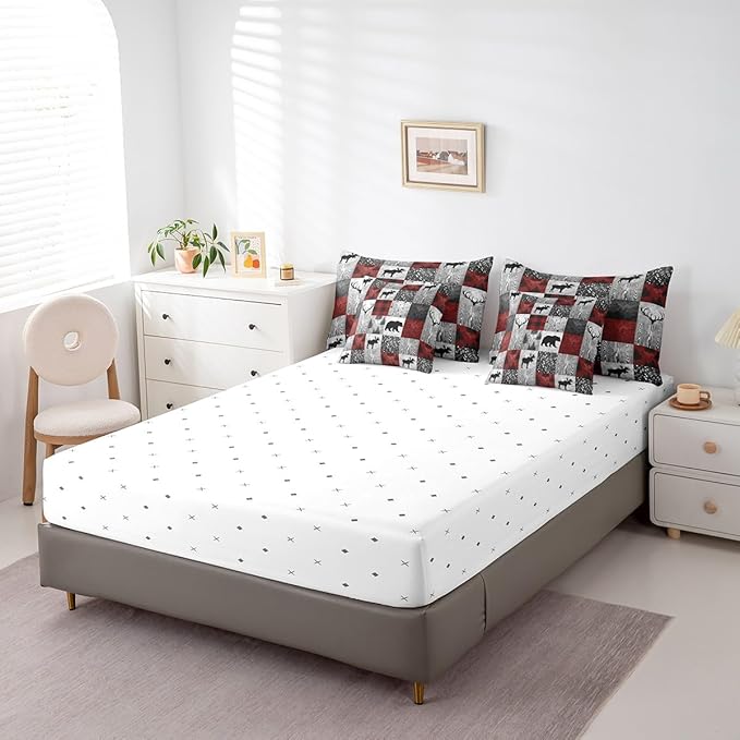 Erosebridal 7 Pcs Rustic Bear Comforter Set Twin Size,Hunting Animal Bed in a Bag with Flat Sheet and Fitted Sheet for Kids and Adults,Camping Patchwork Bedding Set with Pillowcases and Cushion Cases