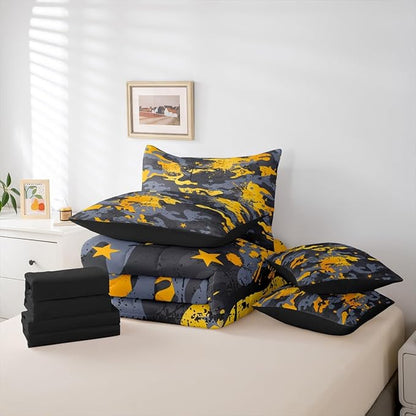 Erosebridal Camouflage King Comforter Set Stars 7-Piece Bed in A Bag Graffiti Watercolor Ombre Retro Military Sheets and Pillowcases Grey Yellow Bed Sets