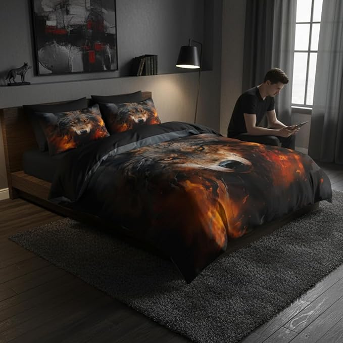 Wolf Comforter Set Full Size, Black and Red Fire Bedding Set, 3 Pieces Animal Print Bedroom Decor with 2 Pillowcases/79 * 90