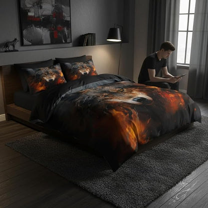 Wolf Comforter Set Twin Size, Black Red Fire Bedding Set for Kids, Western Wild Animal Print Bedroom Decor, 68''x 86''