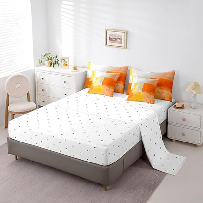Erosebridal White Gray Orange Bedding Twin Size 7-Piece Oil Painting Comforter Set, Ombre Gradient Bed in a Bag with Flat Sheet and Fitted Sheet Graffiti Abstract Bedding Comforter Sets