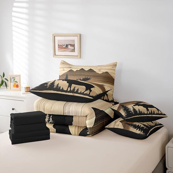 Erosebridal Antler Moose Bed in A Bag with Flat Fitted Sheets | King Size 7 Pieces Hunting Deer Comforter Set with Sheets Rustic Cabin Lodge Bedding Set Woodland Country Deer Silhouette Bed Sets