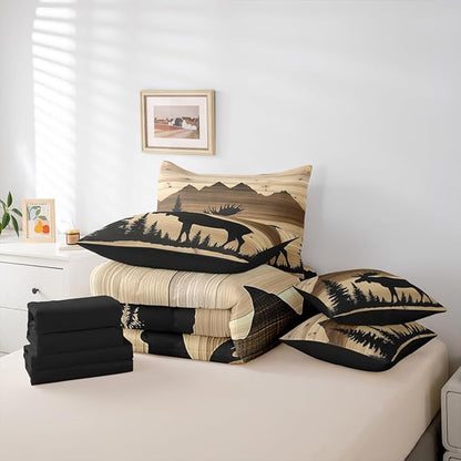 Erosebridal Antler Moose Bed in A Bag with Flat Fitted Sheets | Queen Size 7 Pieces Hunting Deer Comforter Set with Sheets Rustic Cabin Lodge Bedding Set Woodland Country Deer Silhouette Bed Sets