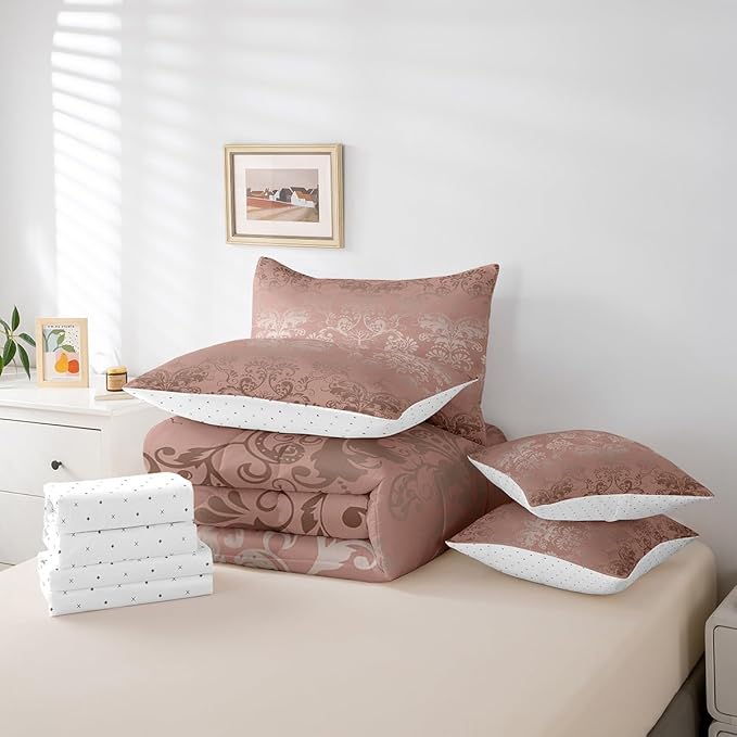 Erosebridal Gothic Damask Bed in a Bag King Size Comforter Set 7 Pieces,Sun Moon Tree of Life Bedding Sets Light Pink Victorian Floral Goth Sheet Set with Comforter