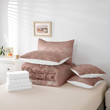 Erosebridal Gothic Damask Bed in a Bag King Size Comforter Set 7 Pieces,Sun Moon Tree of Life Bedding Sets Light Pink Victorian Floral Goth Sheet Set with Comforter
