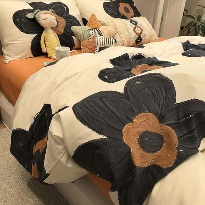 Pureant Black Sunflower Comforter Sets Twin Black and White Floral Bedding Comforters Cotton Women Girls Boho Black Botanical Quilts Large Flower Blankets Garden Adults Teens Bohemian Rustic Bedding