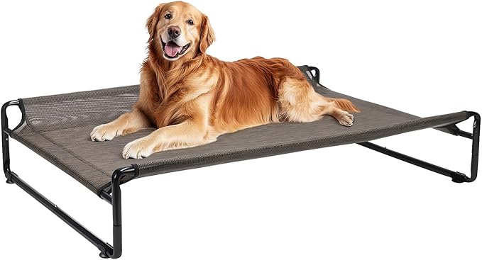 Veehoo Raised Dog Beds for Large Dogs, Washable Dog Cot with Headrest Sides, Outdoor Elevated Dog Bed with Non-Skid Feet, Breathable Mesh, Cooling Pet Hammock for Indoor or Camping, 42", Brown
