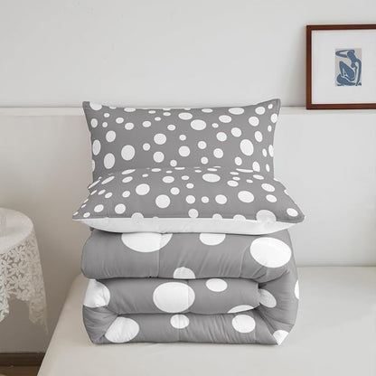Manfei White Polka Dots Comforter Set Toddler Size,French Style Cute Dots Print Bedding Set for Kids Teens,Simple Gray White Geometric Circles Comforter,2 Pcs 1 Pillowcase