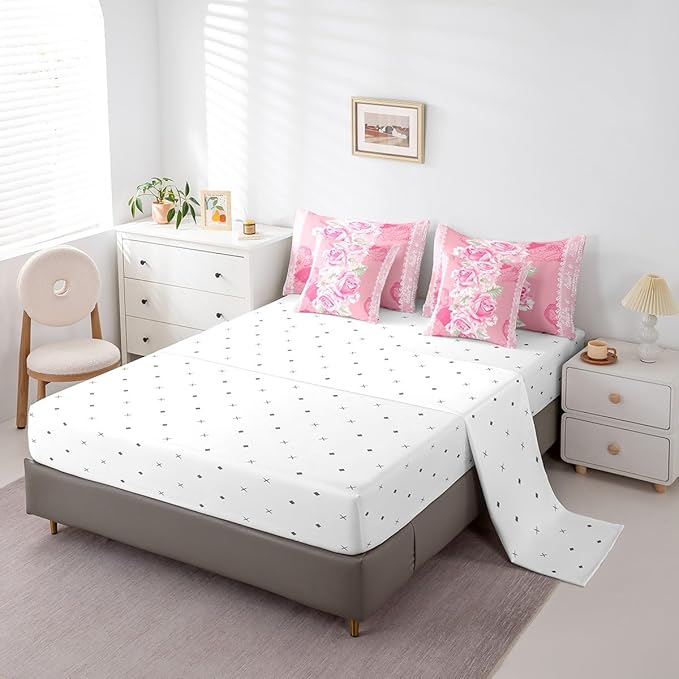 Feelyou Rose Comforter Set Full Size 7 Pieces Rose Floral Flower Bedding Set for All Season Romantic Pink Vintage Garden Flower Bed in a Bag with Comforter, Sheets, Pillowcases & Cushion Cover