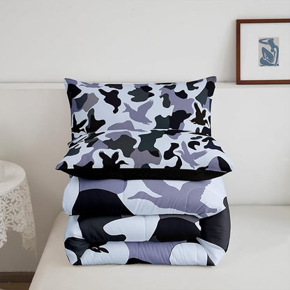 Erosebridal Camouflage Comforter Set King Size Hunting Bedding for Kids Boys Army Duck Hunter Bedding Comforter Sets Vintage Blue Grey Bedroom Decor Wild Animal Duck Farmhouse Duvet Insert