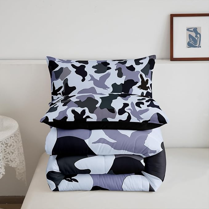 Erosebridal Camouflage Comforter Set Toddler Size Hunting Bedding for Kids Boys Army Duck Hunter Bedding Comforter Sets Vintage Blue Grey Bedroom Decor Wild Animal Duck Farmhouse Duvet Insert