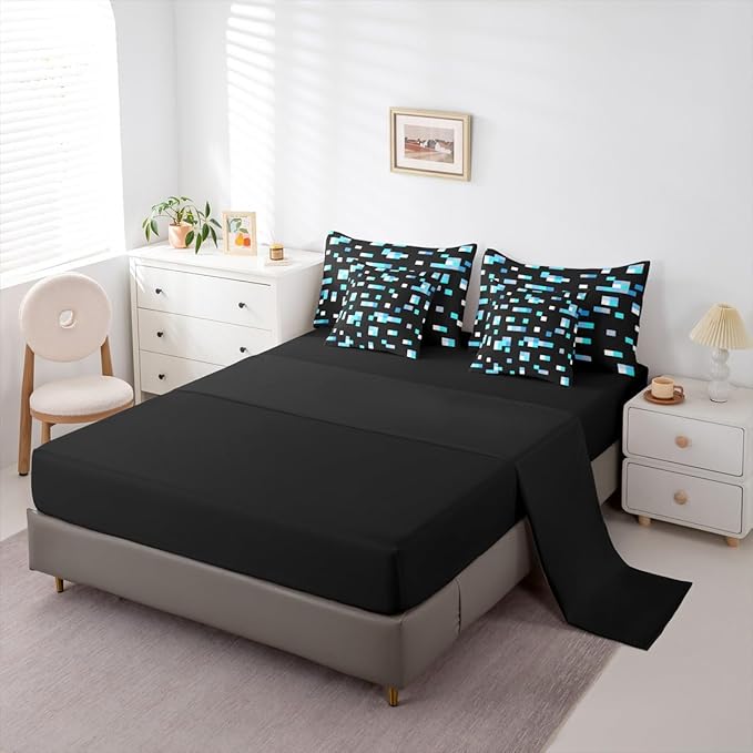 Castle Fairy Blue Miner Square Comforter Sets - 7 Pieces Full Size,Geometric Grid All Season Reversible Bed in a Bag Pixelated Games Bedding Set Pixel Style Flat Sheet,Fitted Sheet,Pillowcases