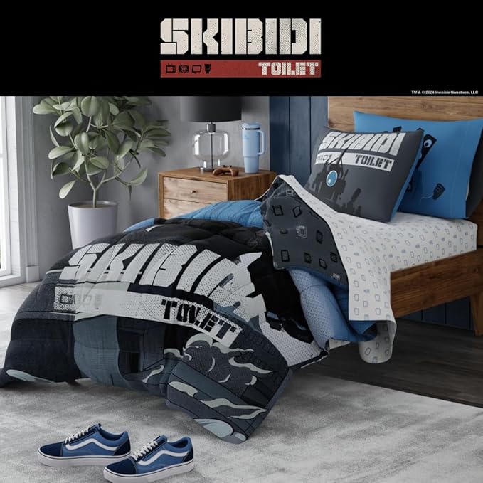 Skibidi Toilet Gamer Bedding 4 Piece Super Soft Reversible Comforter and Sheet Set, Twin, (Officially Licensed Product) by Franco
